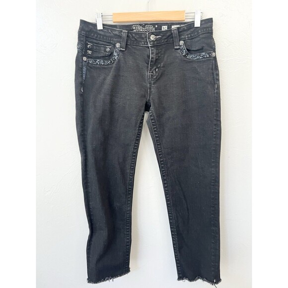 Miss Me Skinny Jeans Hailey W31 L31 Embellished Rhinestones Black Jewels Raw Hem - Picture 1 of 11